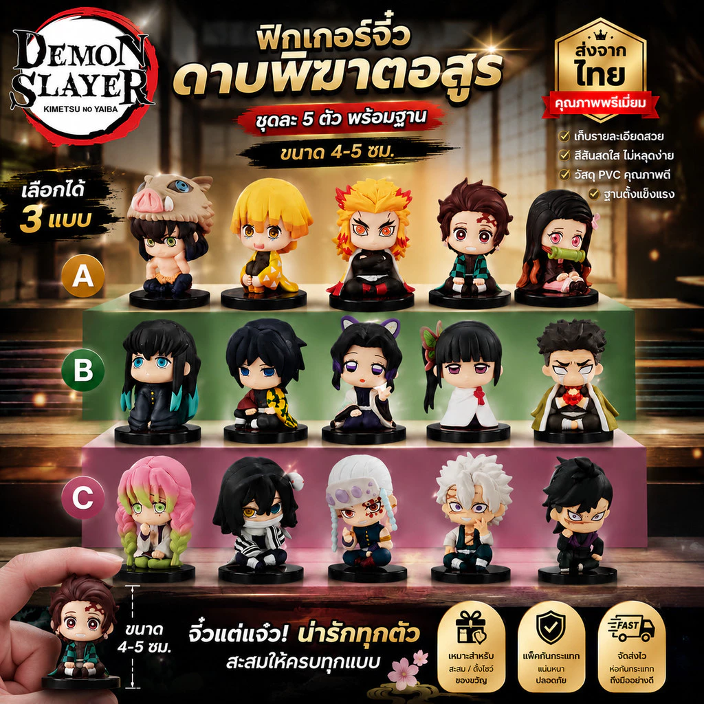 (เซ็ต 5 ชิ้น) เลือกแบบ โมเดล ดาบพิฆาตอสูร ขนาด 4-5 ซม. มีฐานตั้ง แต่งหน้าเค้ก