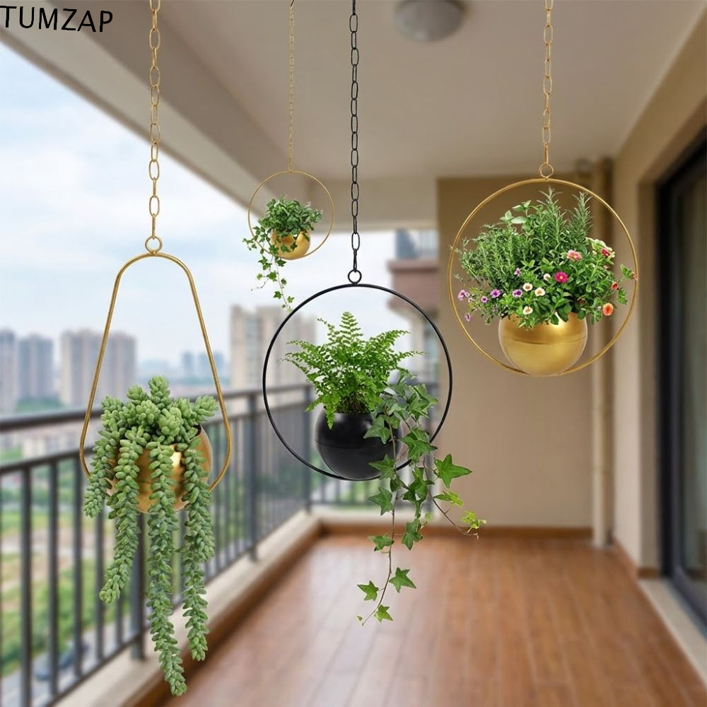 TUMZAP ที่วางดอกไม้ติดผนัง,ทนต่อการสึกหรอมินิมอลโลหะแขวนกระถางดอกไม้,ศิลปะเหล็กที่ทันสมัยที่ทําด้วยมือด้วยตะขอโซ่แขวนถังพืชบ้านในร่ม