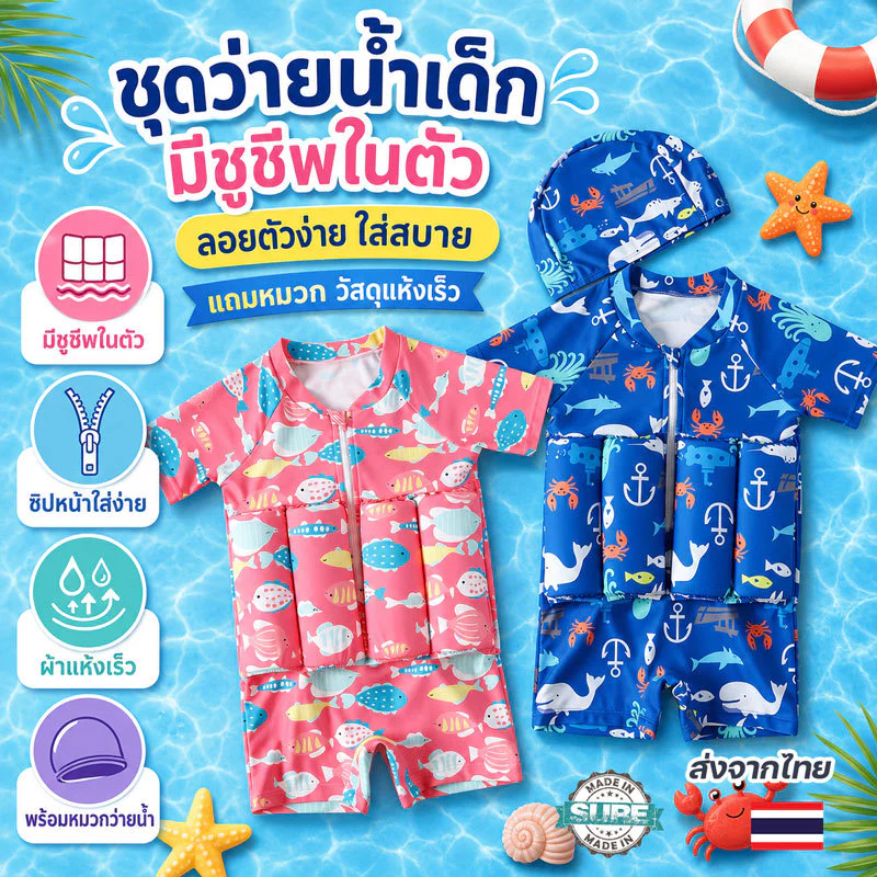 ชุดว่ายน้ำเด็ก มีชูชีพในตัว ลอยตัวง่าย สวมใส่สบาย พร้อมหมวกว่ายน้ำ วัสดุแห้งเร็ว