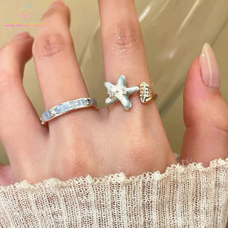 COD💖1 ชิ้น แหวน ปลาดาว รูปเปลือกหอย สีน้ำเงิน ประดับไข่มุก หรูหราแสง แฟชั่น สวมซ้อน สำหรับผู้หญิง เครื่องประดับ-Lune
