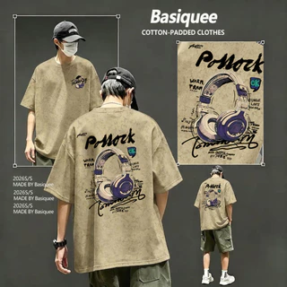 Basi💥เสื้อผู้ชาย เสื้อยืด oversize เสื้อฟอก วินเทจ สตรีท เกรดพรีเมียม เสื้อคอตตอน ไม่หดตัว ใส่สบาย ลาย "HEADPHONES"