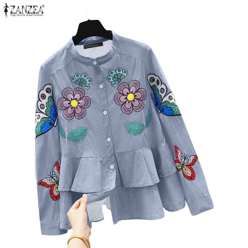 ZANZEA ซานเซีย ผู้หญิงเกาหลีแฟชั่นลําลองยืนปกแขนยาวหลวมพอดีดอกไม้พิมพ์ลายนัวเนียเสื้อด้านบน
