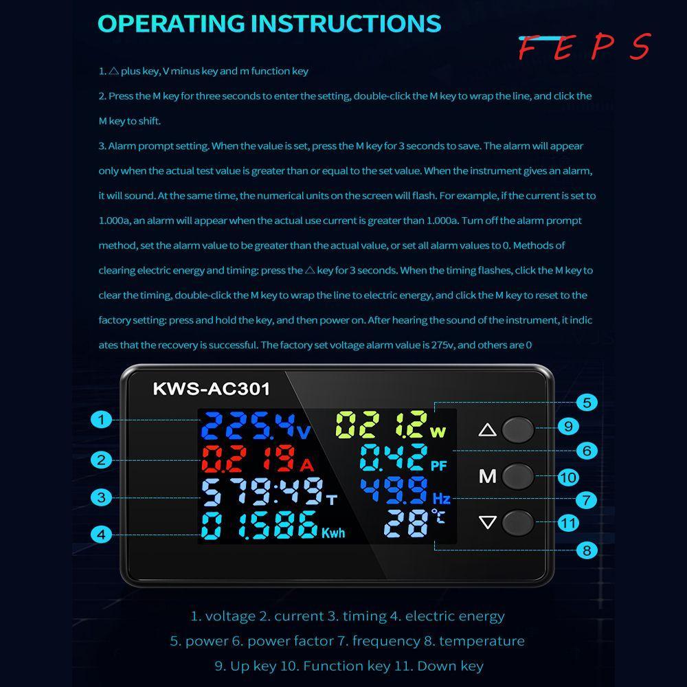 FEPS AC Wattmeter 0-100A KWS-AC301 AC 50-300V Power Energy Meter