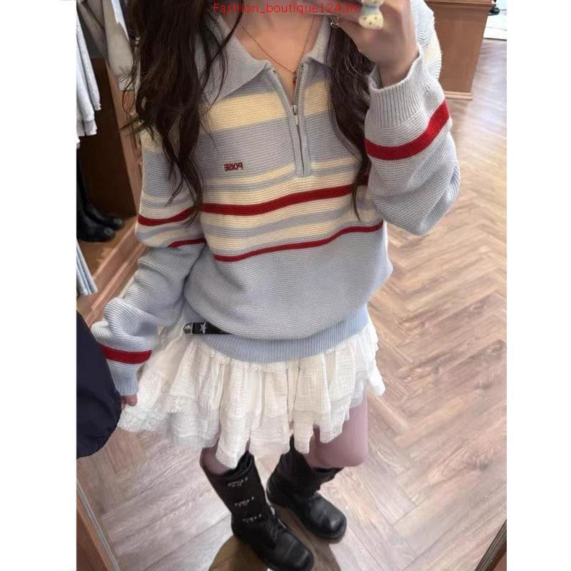 Bemingtop1061(S-M)-BMG Coastline Zip Knit - เสื้อไหมพรมคอซิปลายขวาง ผ้านุ่มสบาย ทรงสวย แมชท์กับอะไรก