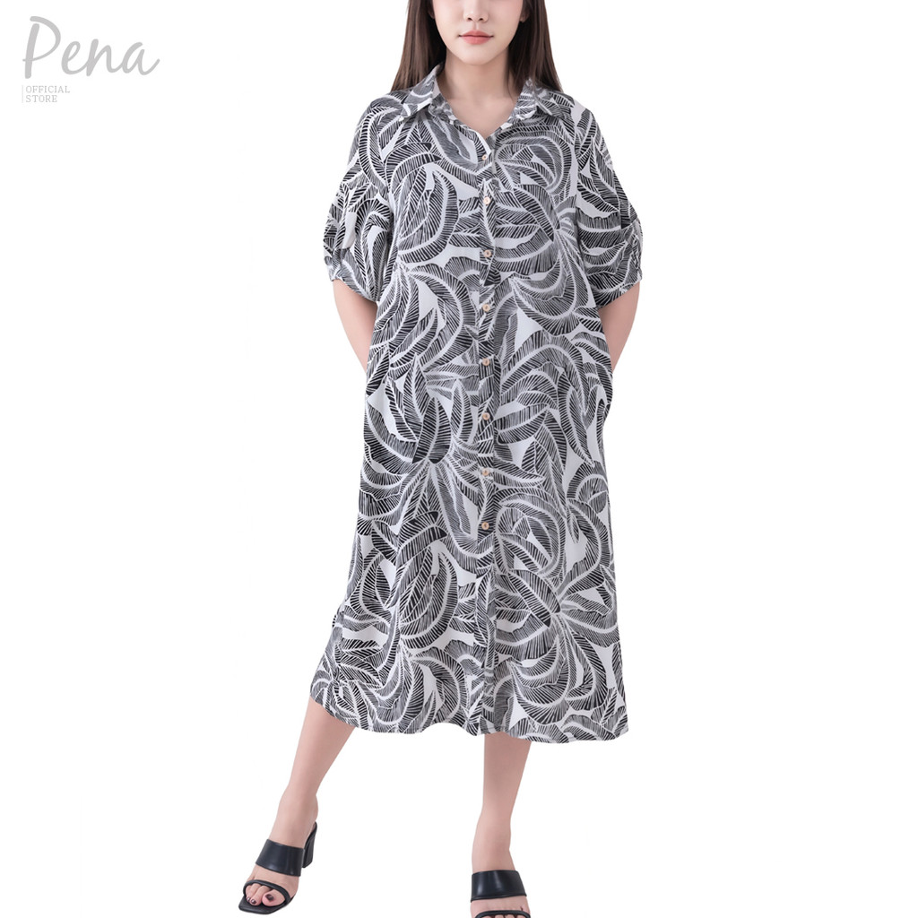 Pena house เดรสเชิ้ตแขนสั้นลายใบไม้ขาว-ดำ PODL112501