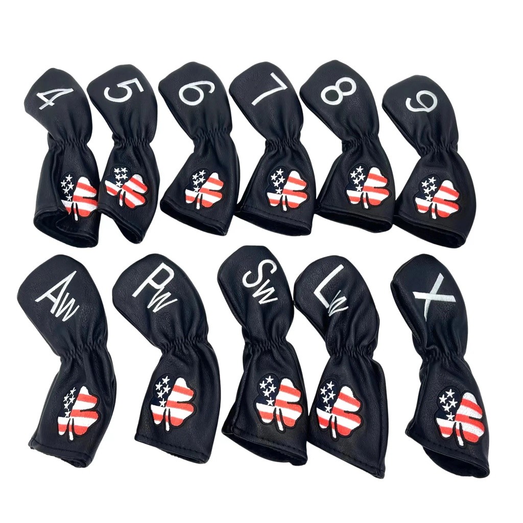 11Pcs Soft PU Leather Golf Lucky Clover Irons Head cover Club Iron Head Covers with Printed 4/5/6/7/