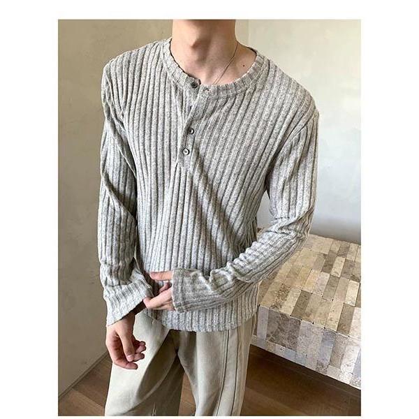 MR9 Henley Shirt T13 เสื้อยืดแขนยาว ผ้าไหมพรม เสื้อสเวดเตอร์ คอHenley วินเทจ