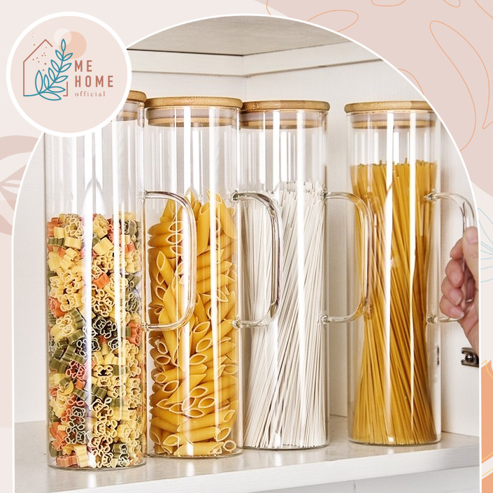 ขวดยาว+ด้ามจับ 30x8.5cm โหลแก้วใสฝาไม้ รุ่นมีหูจับ จัดระเบียบครัวสวย มินิมอล เก็บพาสต้า–ธัญพืชได้เป็นระเบียบ