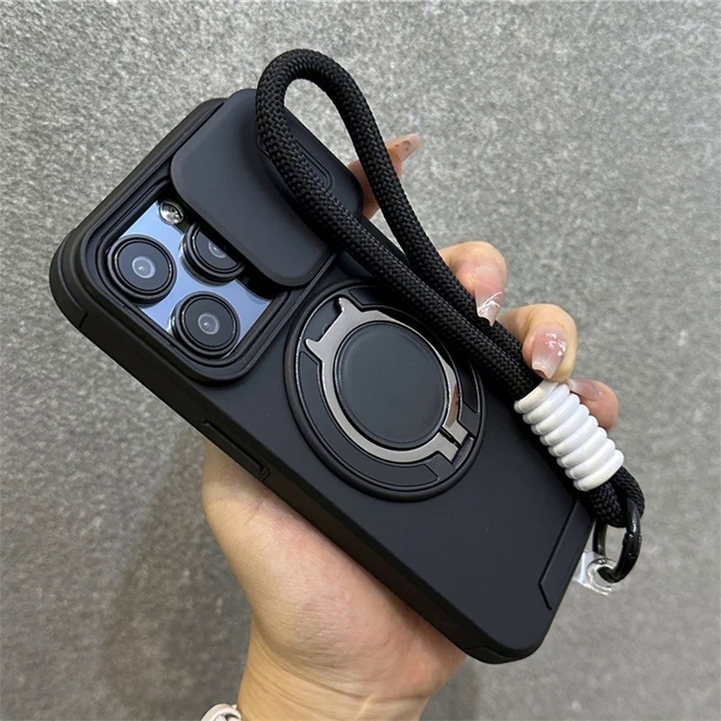 แท่นวางโทรศัพท์แบบแหวนโลหะแม่เหล็กหมุน 360° ชาร์จไร้สายหรูหรา รองรับเคส iPhone 17 16 15 14 13 12 11 Pro Max Plus Air พร้อมสายรัดข้อมือ ปกป้องเลนส์สไลด์ ฝาหลังแข็งกันกระแทก ดีไซน์สวยงาม