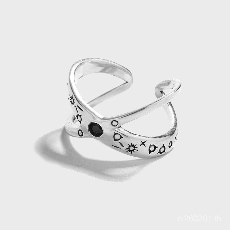 S925 Hip-Hopรูปแบบที่เรียบง่ายเงินสเตอร์ลิงAll-Match Punk Micro-InlaidแหวนRetro Distressed Index Fin