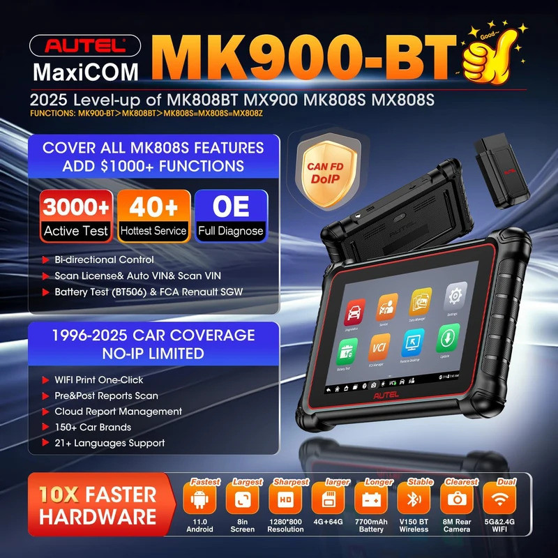 2026 Autel MaxiCOM MK900 BT MK900BT 8 นิ้วเครื่องมือวินิจฉัยรถยนต์ 40 + บริการ CAN FD DOIP OBD2 เครื