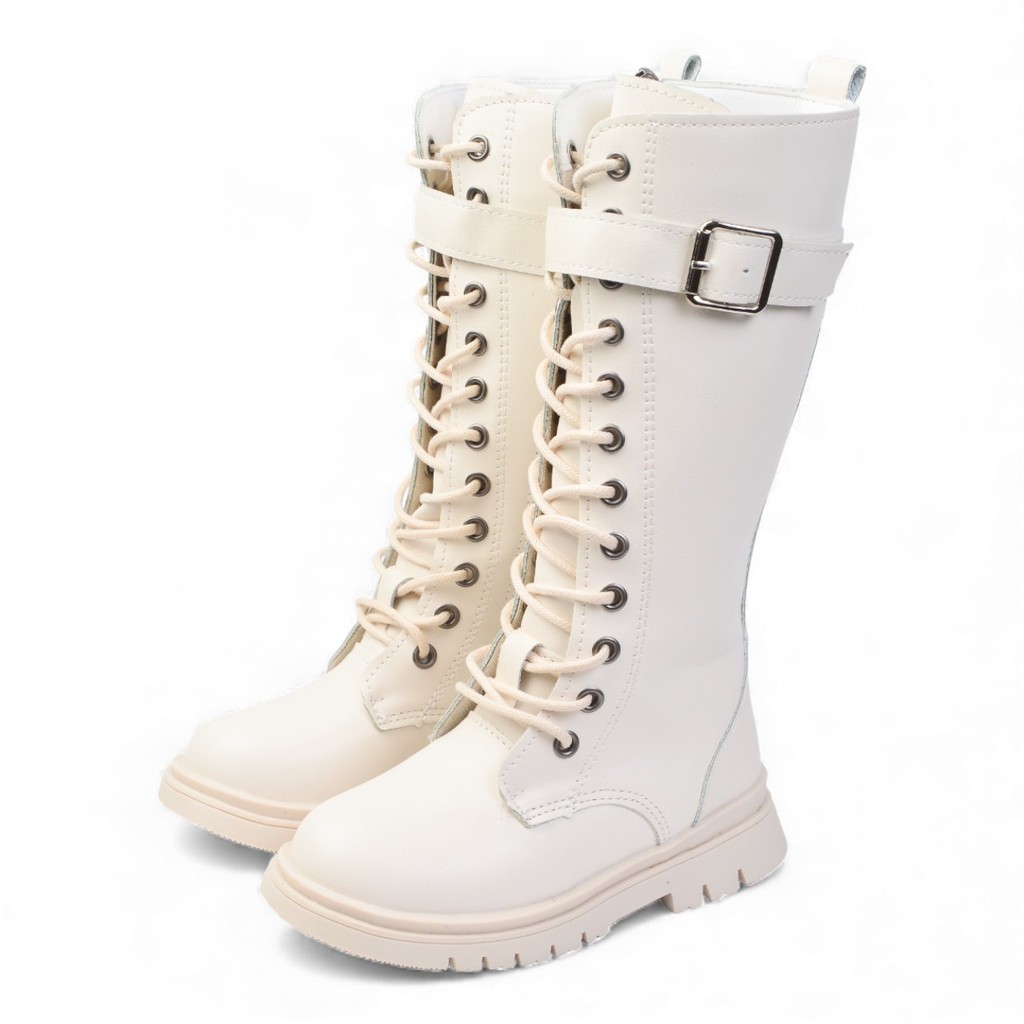 รองเท้าบูทเด็กทรงข้อสูง ยาวเกือบถึงเข่า ทรงคอมแบต (มีซิปข้าง) บูทผูกเชือก แฟชั่นเกาหลี ใส่เที่ยวหน้าหนาว พร้อมส่ง