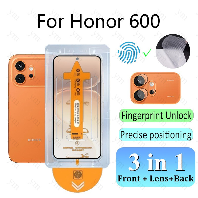 [ปลดล็อคลายนิ้วมือ] 3 In 1 ฟิล์ม ฟิล์มกระจก Honor 600 HD One-คลิกฝุ่นฟรีกระจกนิรภัยป้องกันหน้าจอฟิล์มป้องกันสําหรับ Honor 600 Pro Magic 8 เลนส์กล้องฟิล์มคาร์บอนไฟเบอร์