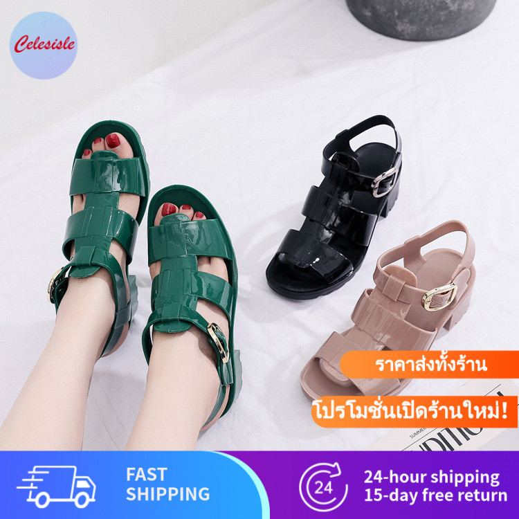 รองเท้าแตะสตรี หัวเหลี่ยม ส้นหนา ชายหาด หัวเข็มขัดพลาสติก ใส่ได้ทุกสภาพอากาศ เหมาะสำหรับใส่เที่ยวทะเล กันลื่น ใส่สบาย เพิ่มความสูง| FCC0 WS1 AU1 PRF1