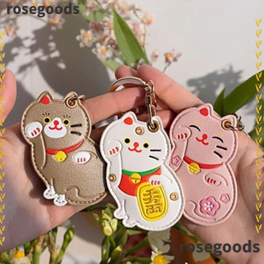 ROSEGOODS ที่ใส่การ์ดการเข้าถึง,แมวการ์ตูนพร้อมพวงกุญแจจี้การ์ด,กระเป๋าหนัง PU แบบพกพาขนาดเล็ก