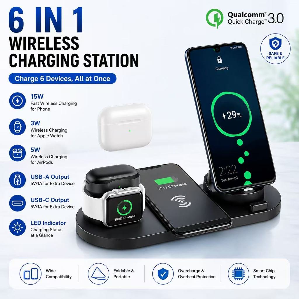 Tuye Wireless Charger 6in1 ชาร์จเร็ว 15W สำหรับ iPhone Samsung  Apple Watch