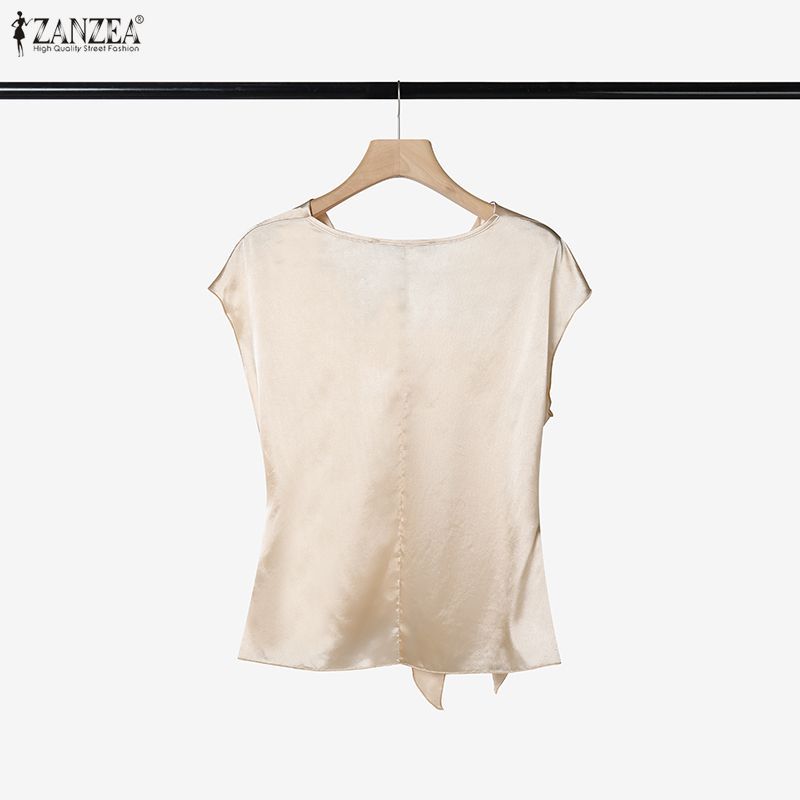 Zanzea ผู้หญิงเกาหลีสันทนาการซาติน Draped คอไม่สม่ําเสมอ Hem Twisted Knot เสื้อยืดแขนสั้น Presale — صورة 8
