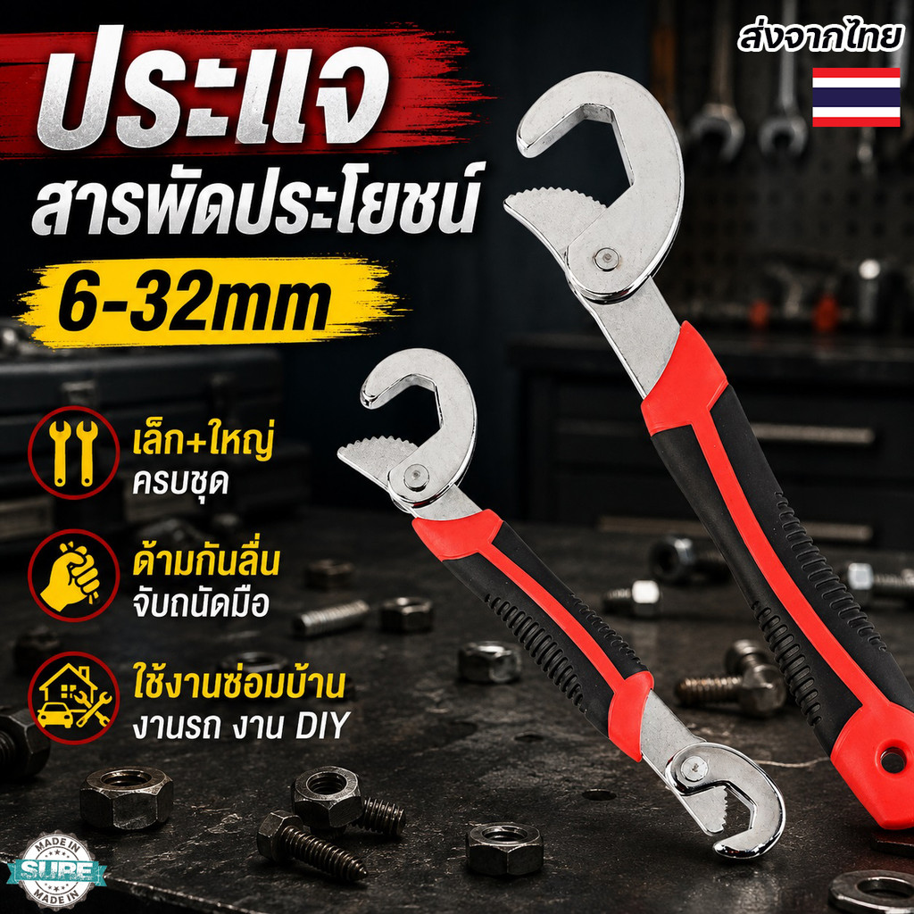 ประแจเลื่อนอเนกประสงค์ เบอร์ 6-32mm ประแจแหวนข้าง จับแน่น ขันง่าย ใช้กับน็อต สกรู ท่อ งานช่างทั่วไป