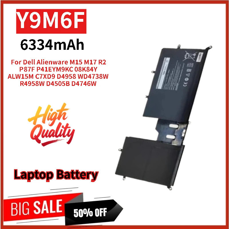 ใหม่คุณภาพสูง Y9M6F แบตเตอรี่แล็ปท็อป 11.4V 6334mAh สําหรับ Dell Alienware 08K84Y P87F P41E M15 M17 