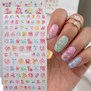 HAMA 5D Coquette สติกเกอร์เล็บน่ารัก Jelly Ribbon Star ตัวอักษรหมี Kawaii สไตล์เกาหลี Aurora 3D บรรเทา Self-Adhesive เล็บ Decals