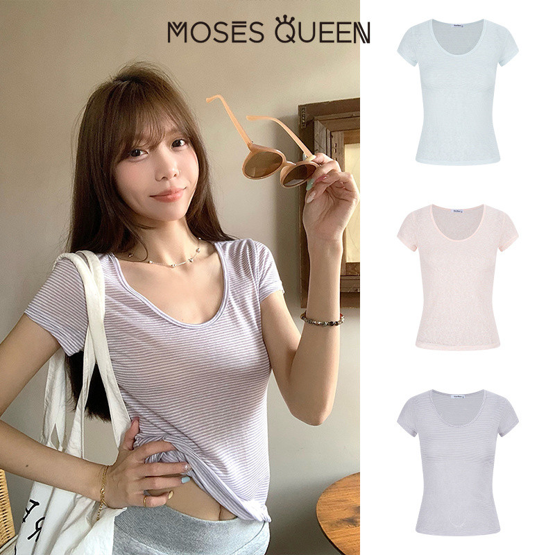 < MOSESQUEEN > เสื้อยืดแขนสั้นลาย น้ําหนักเบาฤดูร้อน lyocell หลวมคอวีด้านหน้าแขนเสื้อสําหรับผู้หญิง #63701
