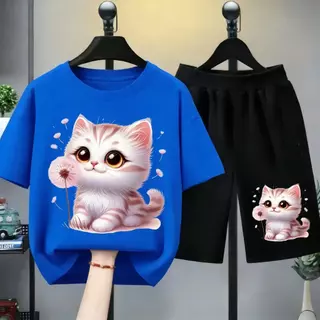 [COD]New!!!*2026-ชุดเสื้อยืดเด็กหญิง เสื้อยืดเด็กหญิง ชุดเสื้อเด็กหญิง เสื้อยืดเด็กหญิงชุดสั้น ลาย แมว ดอกหญ+（ชุดเสื้อยื