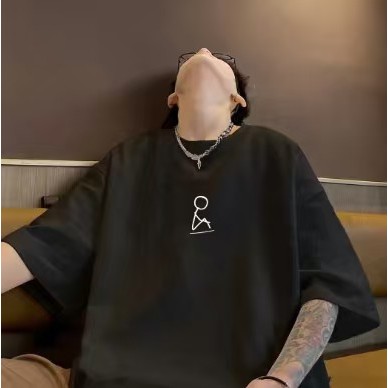 emo忧郁简约百搭g纯棉短袖t恤男小人表情重磅大码青少年半袖夏emo melancholy simple versatile g cotton short-sleeved tshiyuttww210t