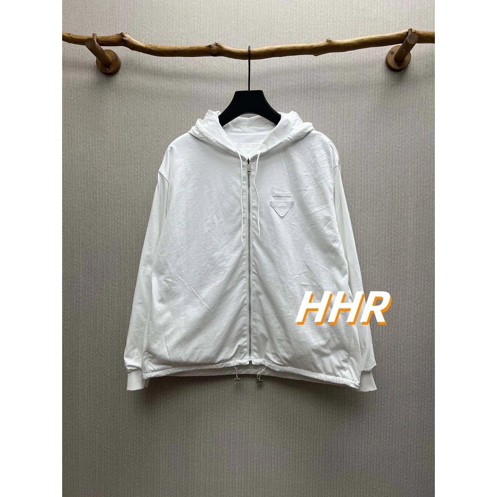 [รุ่นที่ถูกต้อง] Pr @ da/Prada หน้าอกสามเหลี่ยมโลโก้โลโก้ซิป Hooded Jacket Jacket Casual All-Match o