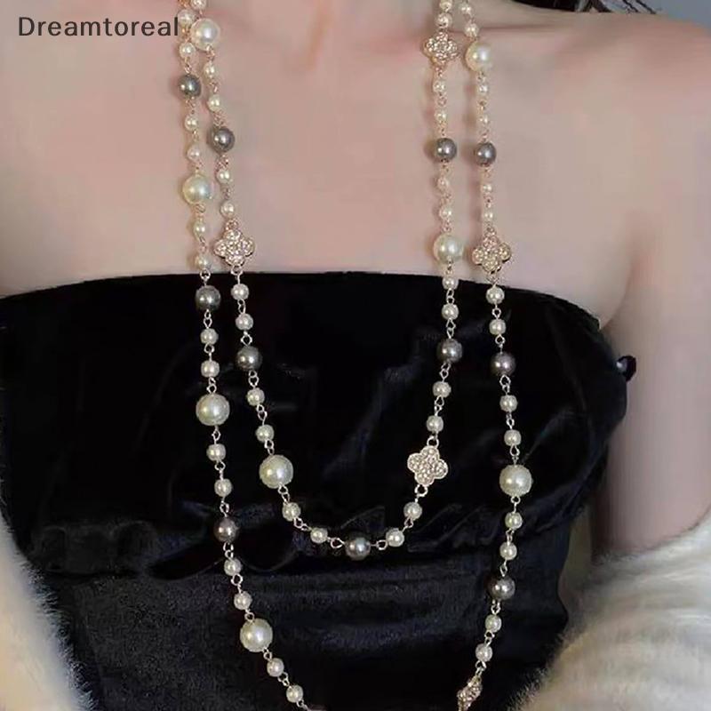 [DMT] สองชั้นจําลองเครื่องประดับมุกสร้อยคอยาวผู้หญิงคลาสสิกลูกปัดสร้อยคอโซ่และจี้ปรับ
