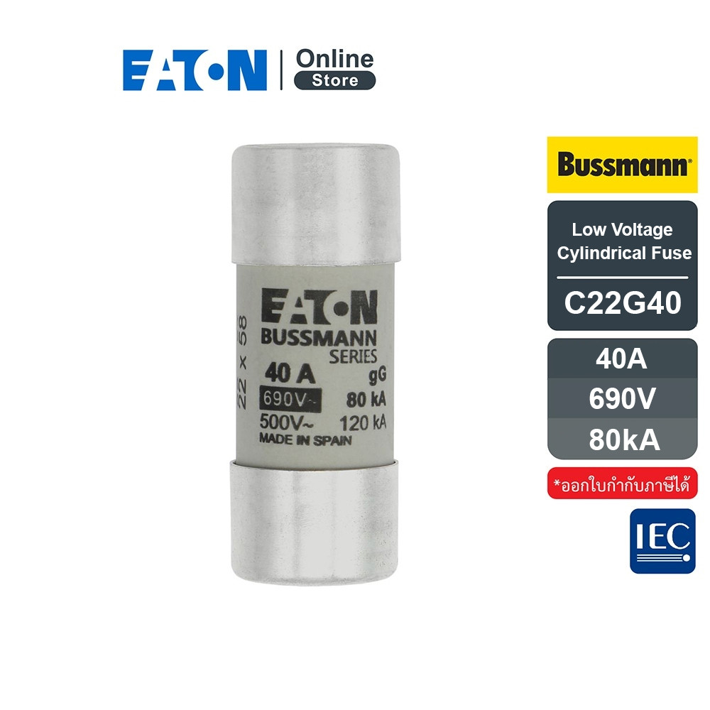 EATON Bussmann Series Low Voltage Cylindrical Fuse 22 x 58 40A GG 690V AC | C22G40 | Eaton