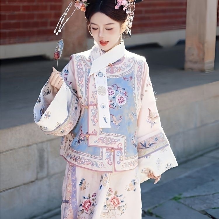 Hanfu หญิง Qing Dynasty พิมพ์โบราณ Qing Dynasty Yanji Princess Cheongsam Palace เสื้อผ้าตาหมากรุกสอง