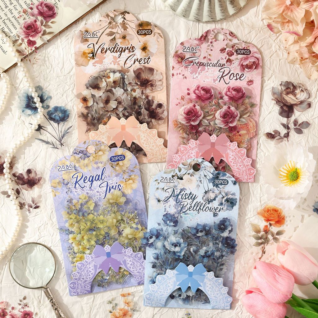 Journamm 30pcs ดอกไม้สมุดภาพสติกเกอร์ชุด Vintage ดอกไม้สติกเกอร์โปร่งใสสําหรับ Scrapbooking อุปกรณ์ความงาม Junk Journaling Craft