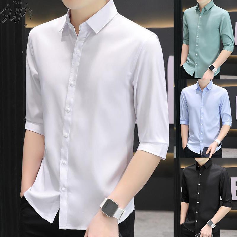 ผู้ชาย Casual 3 4 แขนผ้าไหมน้ําแข็งแนวโน้มเสื้อธรรมดาเกาหลี All-match สีทึบ Slim Fit อย่างเป็นทางการ Polo Workwear Sage Green\Blue\Black\White