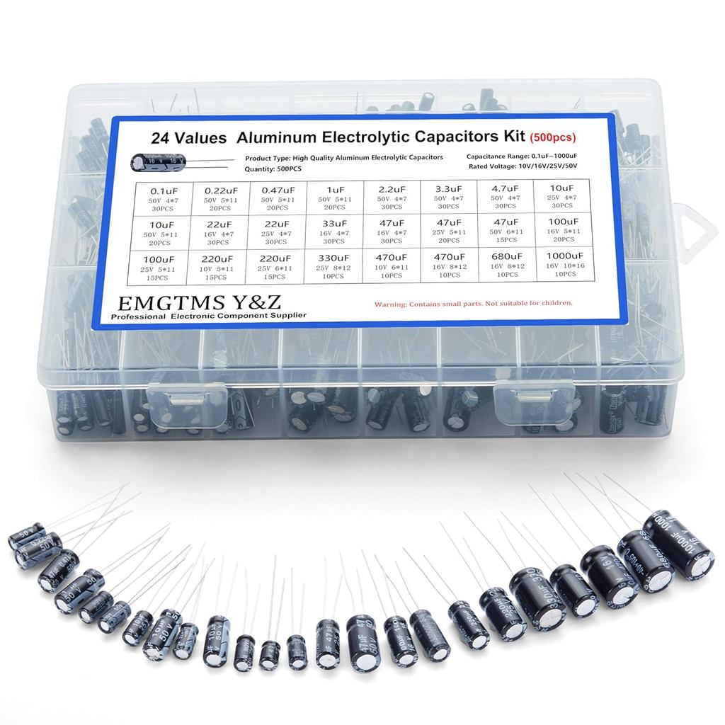 500 ชิ้น 24 ค่า Electrolytic Capacitor Assortment Kit (0.1uF-1000uF) | 10V 16V 25V 50V ชุดตัวเก็บประ