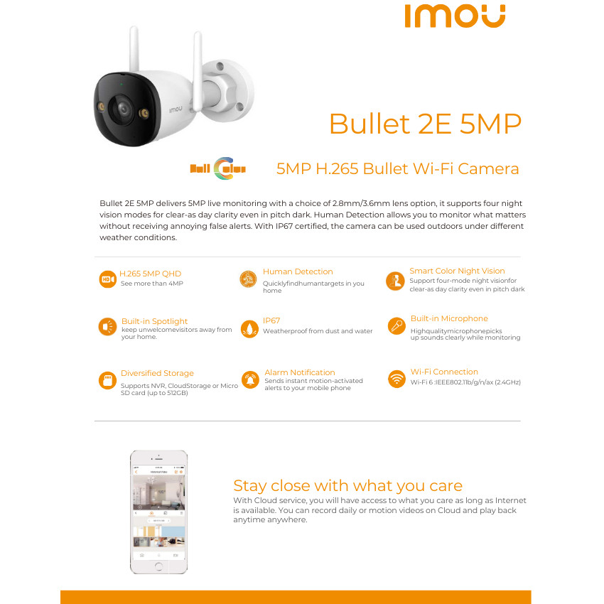กล้องวงจรปิดไร้สาย IMOU 5MP Bullet 2E F52FP Outdoor | กันน้ำ IP67 + เลือกความจุการ์ดได้