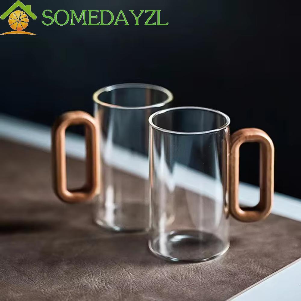 SOMEDAYZL ถ้วยกาแฟแก้ว, แก้วน้ําดื่ม 350 มล. ทนความร้อน, ความจุขนาดใหญ่ในครัวเรือนแก้วด้ามไม้สไตล์เรียบง่ายห้องนั่งเล่น