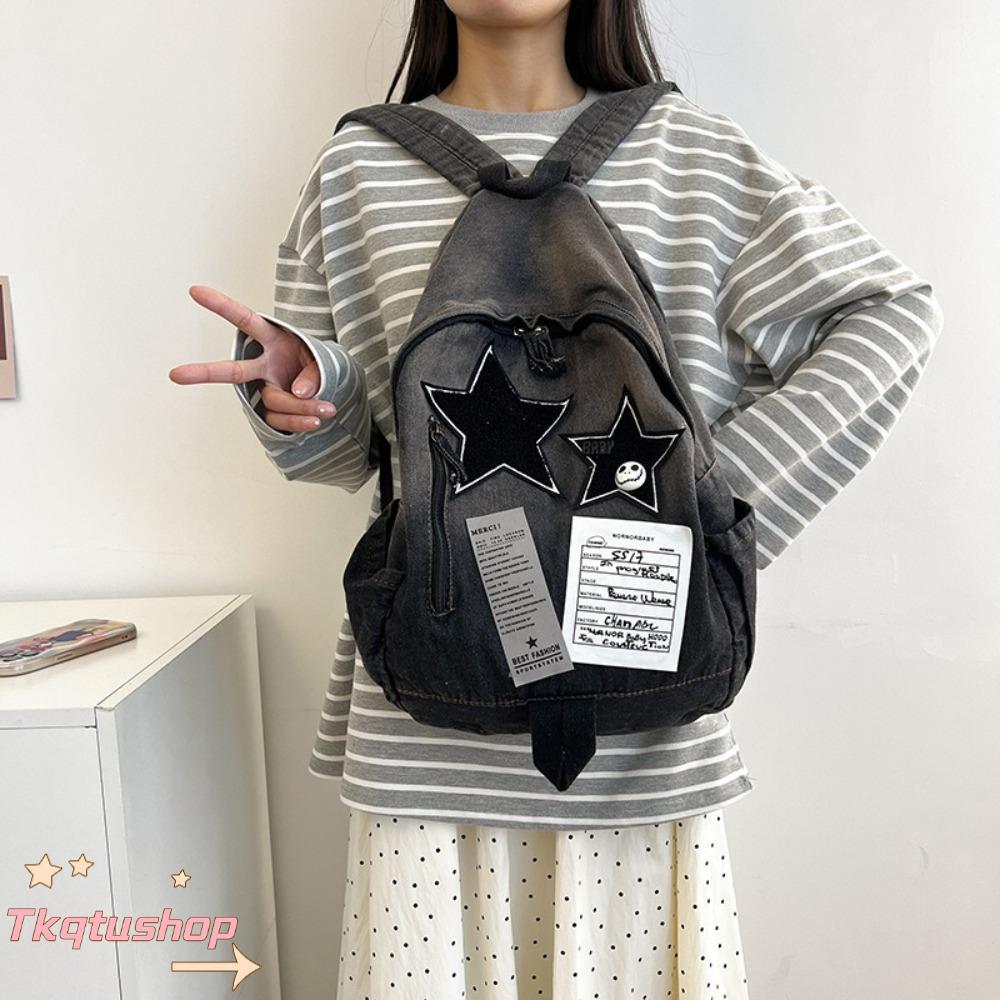 IMIHAN1 Denim Star Backpack, Large Capacity Y2K School Backpack, Fashion All Match Star Pattern Doub