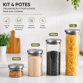 Kit 4 Porta Mantimentos Temperos de Vidro Herméticos com Tampa de Inox