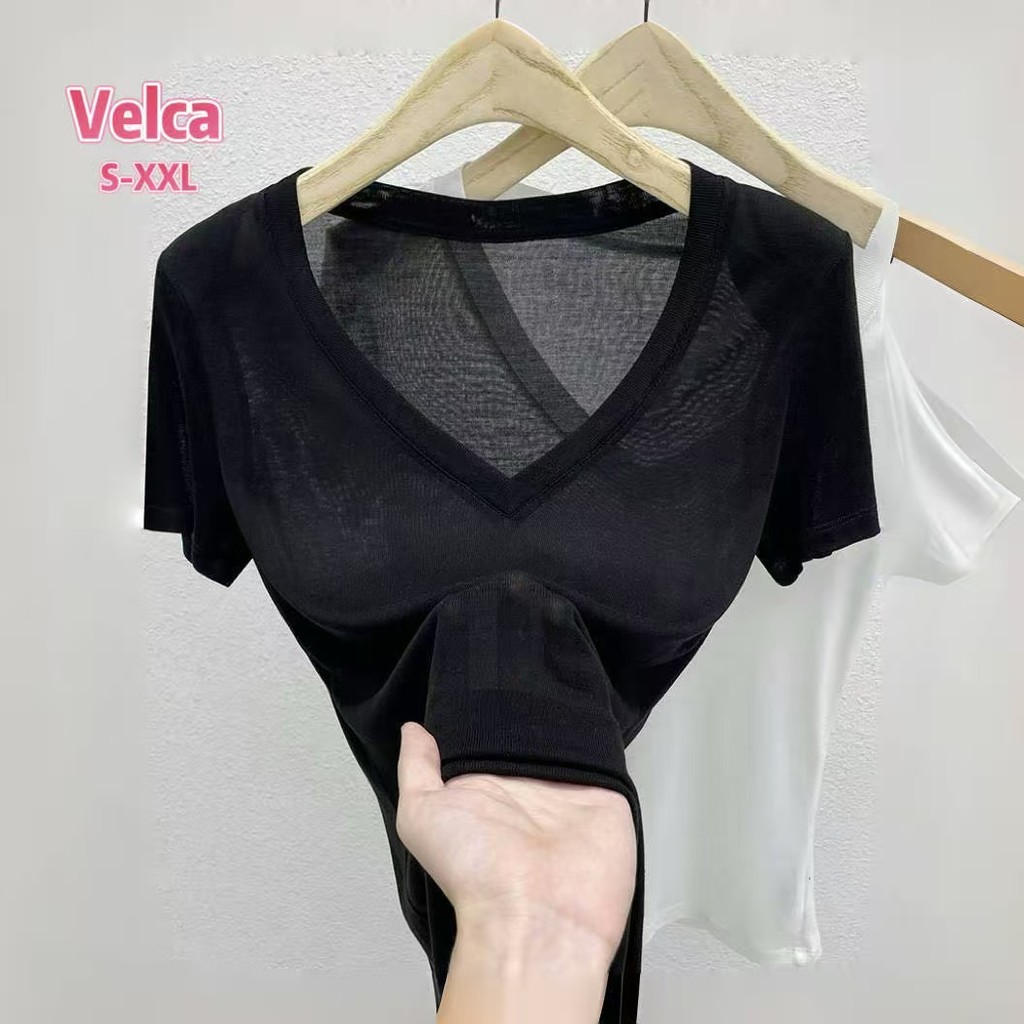 Velca ส่งไวจากไทย เสื้อท่อนบน คอวี แขนสั้น ป้องกันแดด สไตล์หวานเซ็กซี่ ลุคสบายๆ มีให้เลือกสี่สี