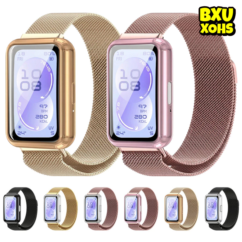 สายแม่เหล็กกรณี TPU for Huawei Band 11 11 Pro 10 9 8 NFC แถบโลหะสแตนเลสปกป้องหน้าจอ อุปกรณ์เสริม for Huawei Band NFC