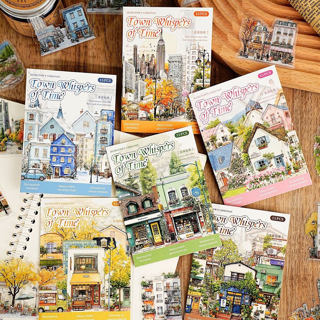 P PET Sticker Pack Town Time Series Building ภูมิทัศน์คู่มือ Creative ตกแต่งวัสดุสติกเกอร์ 15 แผ่น 6 รูปแบบ
