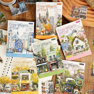 P PET Sticker Pack Town Time Series Building ภูมิทัศน์คู่มือ Creative ตกแต่งวัสดุสติกเกอร์ 15 แผ่น 6 รูปแบบ