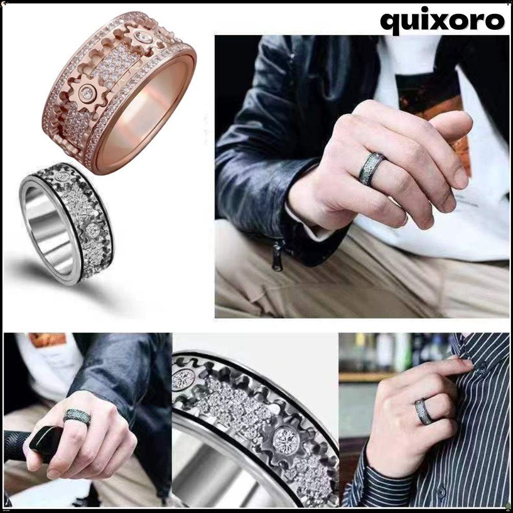 QUIXORO Gear Spinner Rings Diamond Ornate Mechanical Band Ring