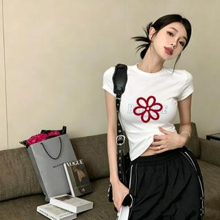 Straw Strawcute D244 Slim เสื้อยืดเวอร์ชั่นเกาหลี สไตล์พิมพ์ลายดอกไม้แขนสั้นสีขาว