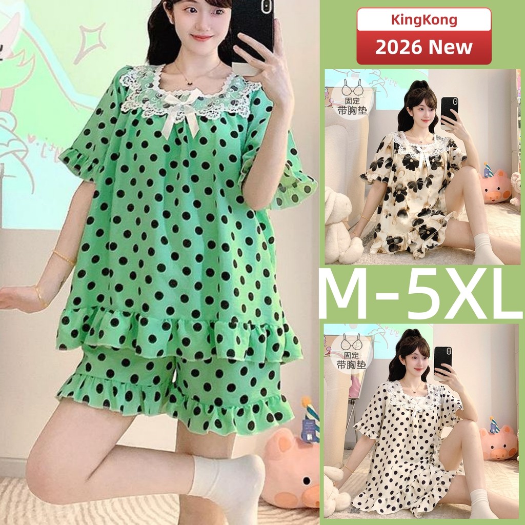 M-5XL Plus ขนาดชุดนอนสตรีเบาะแขนสั้น ลายจุด บาง ใส่สบาย ฤดูร้อน