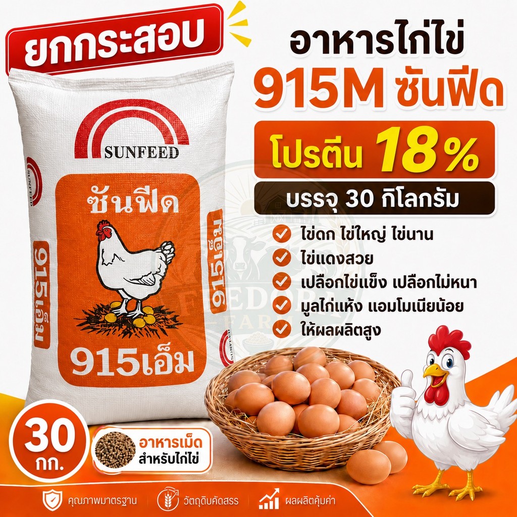 อาหารไก่ไข่ ยกกระสอบ SUNFEED 30kg ซันฟีด 915M โปรตีนสูง 18% อาหารสำเร็จรูป เสริมแร่ธาตุ วิตามิน ไข่สวยดก เปลือกแข็งแรง