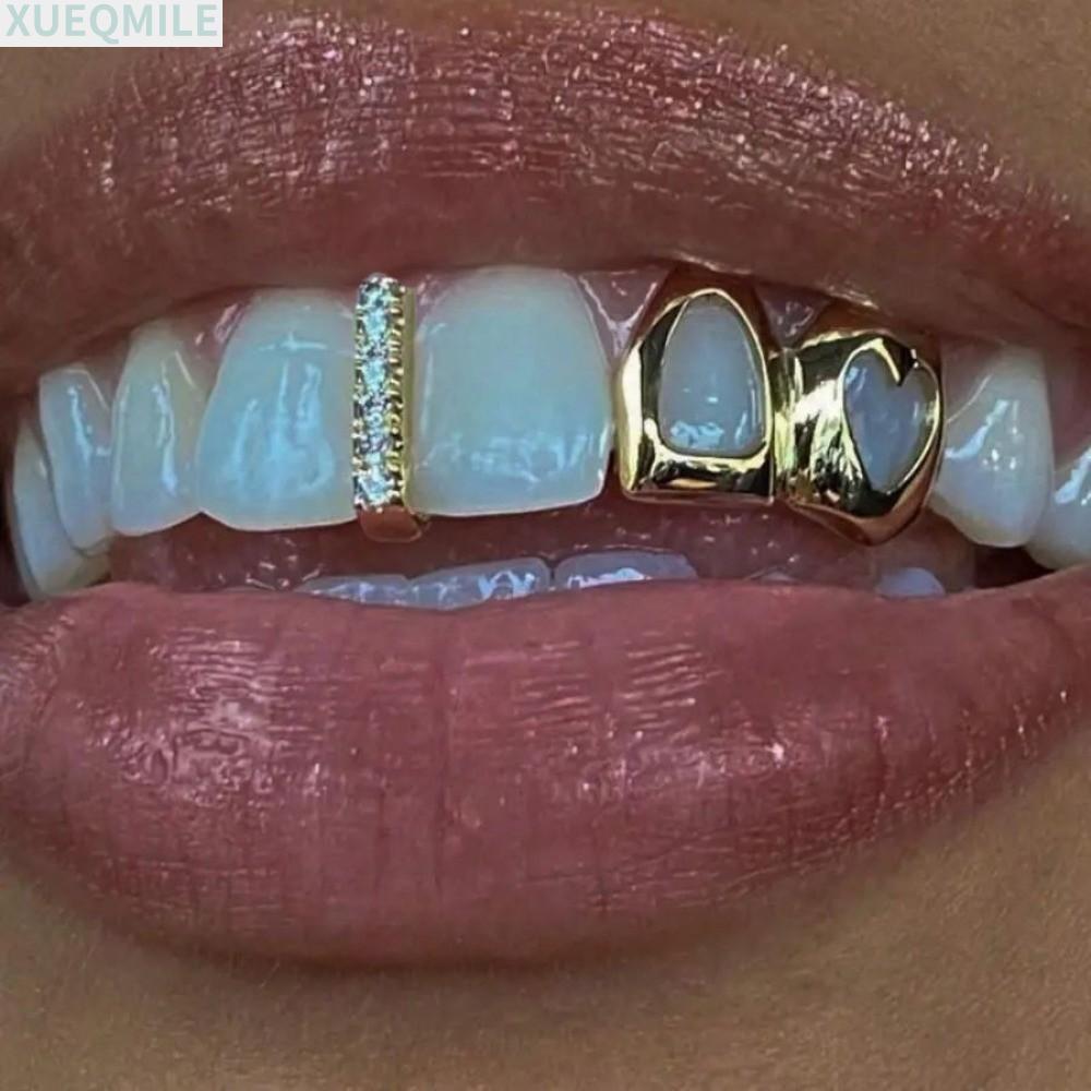 QINZHUAN Hip Hop Tooth Grillz, ทองแดงเงา Grillz, หัวใจคู่ Hollow Heart Gold สีฟันหมวกผู้หญิง