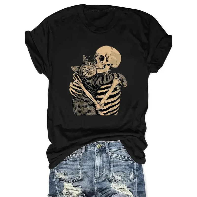 2026Black Skull Huging Cat Graphic T-Shirt - Soft Stretching Crew Neck Short Sleeve Top for Cat Love