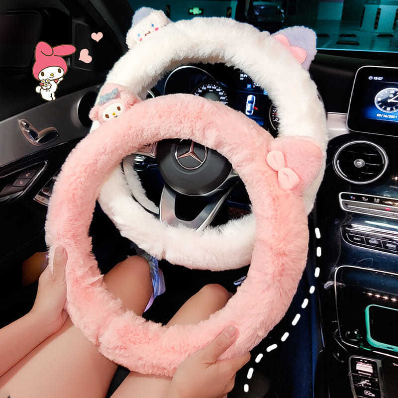 หุ้มพวงมาลัยรถยนต์ ขนหนาหุ้มหุ้ม  ความรู้สึกสบายมือ หูแมวที่น่ารัก เหมาะสำหรับผู้หญิง