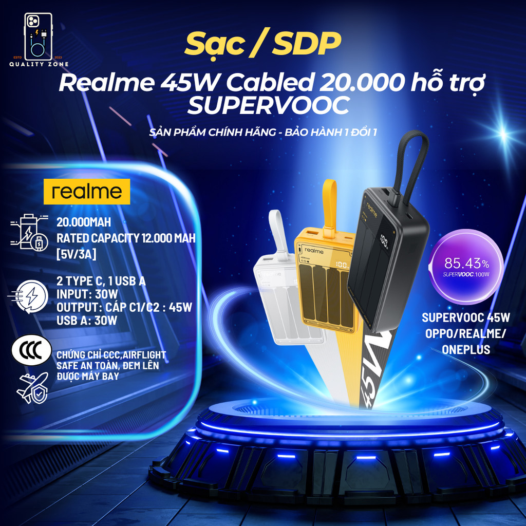 เครื่องชาร์จ Realme 45W SUPERVOOC 20000 มาพร้อมสายชาร์จเร็ว 2 ทาง เข้ากันได้กับ Oppo/Realme/Oneplus,